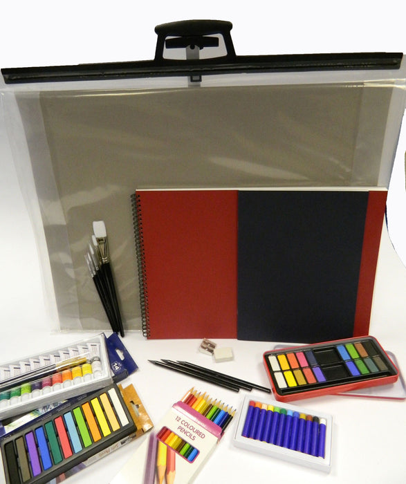 Superior art pack containing polycarrier, sketch book. pencils, eraser, sharpener, watercolour tin, brushes, acrylic set, oil pastels
