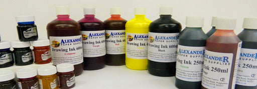 Large number of bottle of drawing inks.