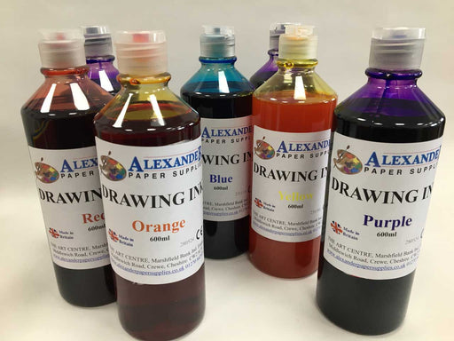Bottles of coloured drawing inks