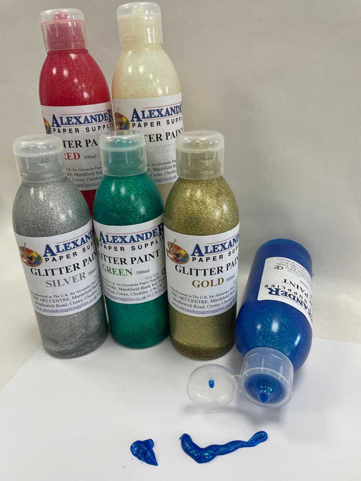 six bottles of glitter paint