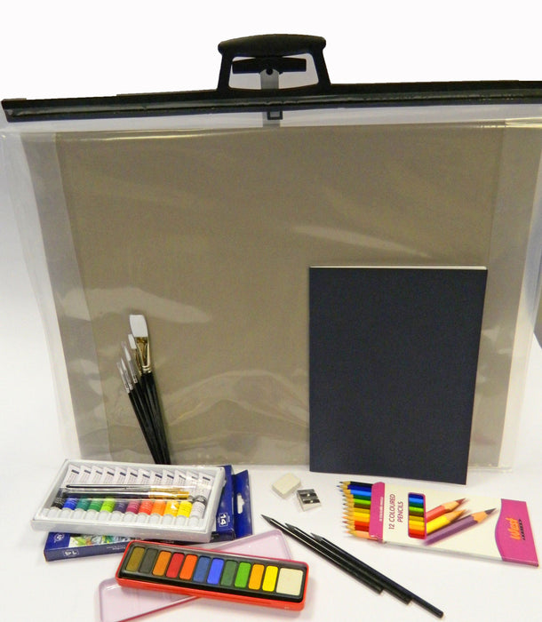 Executive art pack containing polycarrier, sketch book. pencils, eraser, sharpener, watercolour tin, brushes, acrylic set