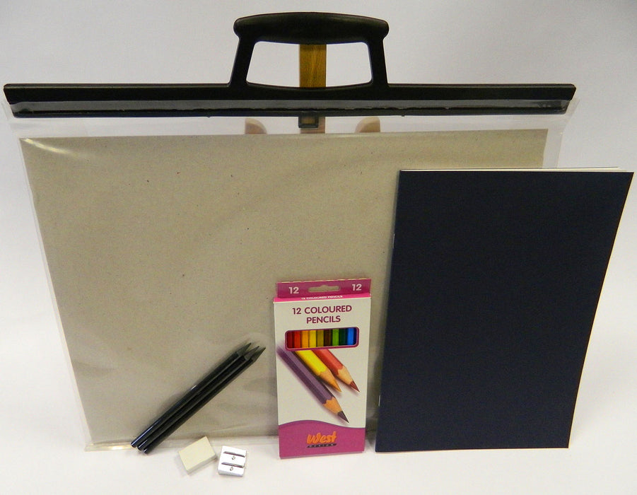 Starter art pack including polycarrier, sketch book, pencils, sharpener, eraser