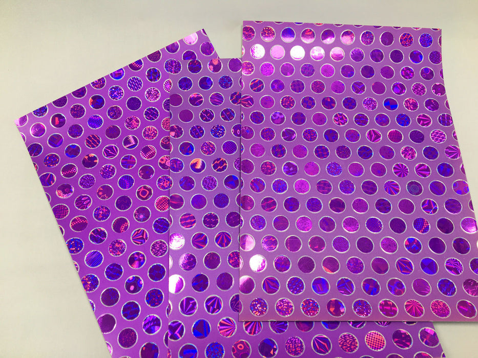 3 sheets of purple coloured holographic circle paper