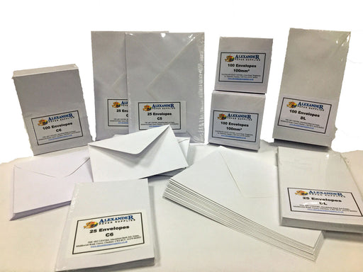 Packs of white envelopes in various sizes
