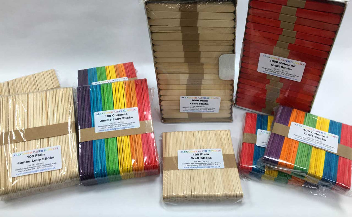 Packs of plain and coloured lolly sticks
